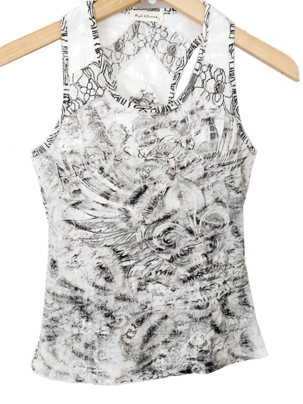 Angels Diamonds Tank Top Small White Distressed Lacy Sheer Racer Back